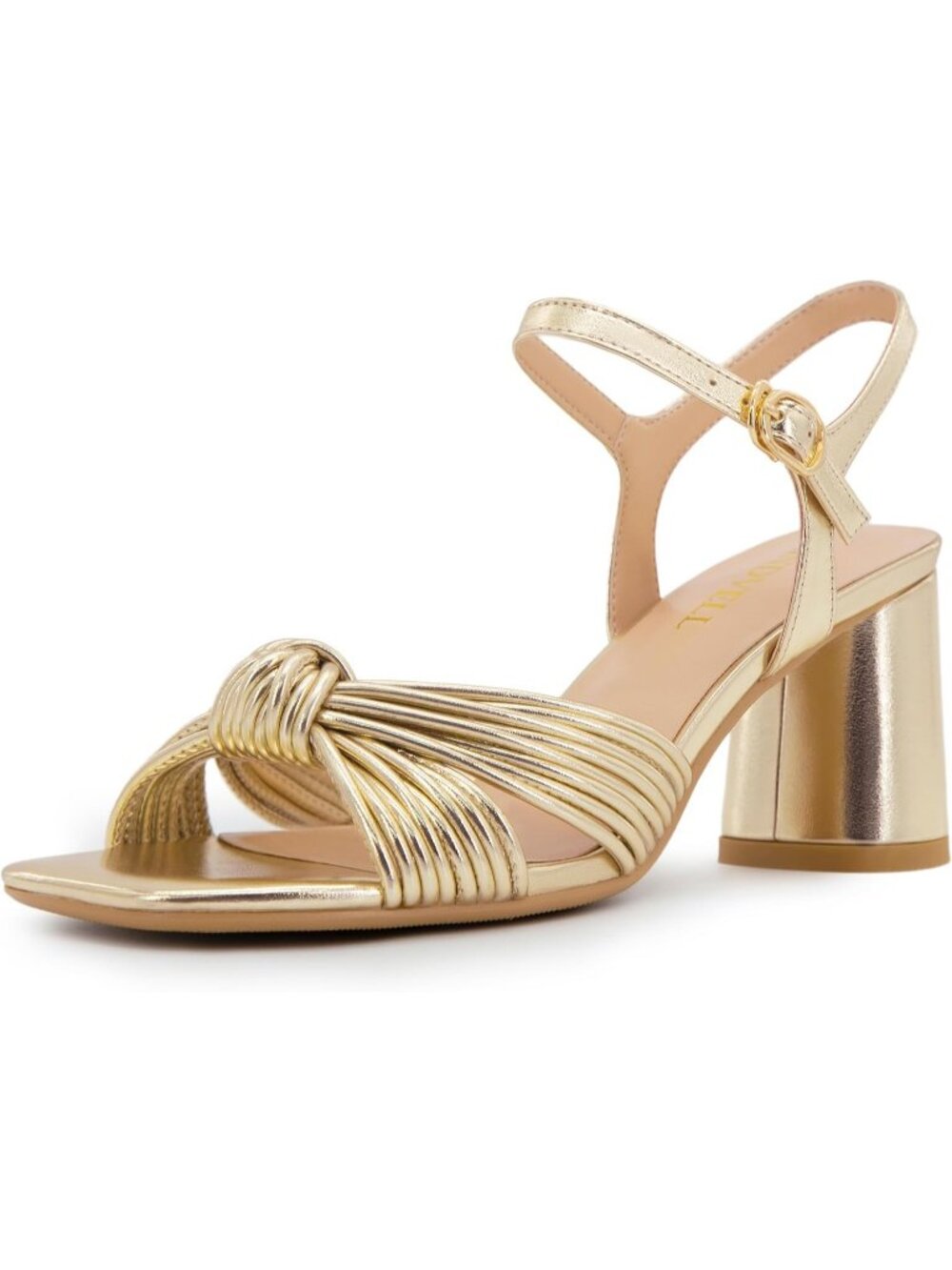 Women's Gold Square Open Toe Ankle Strap Strappy Braided Knot Chunky Block Heels